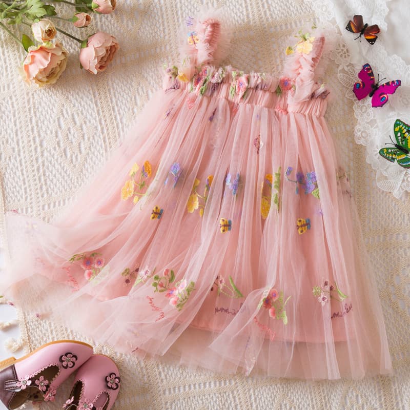 New Mesh Tulle Dress Baby Girls Puffy Dance Dress INS Children's Dress Embroidered New Suspender Princess Dress