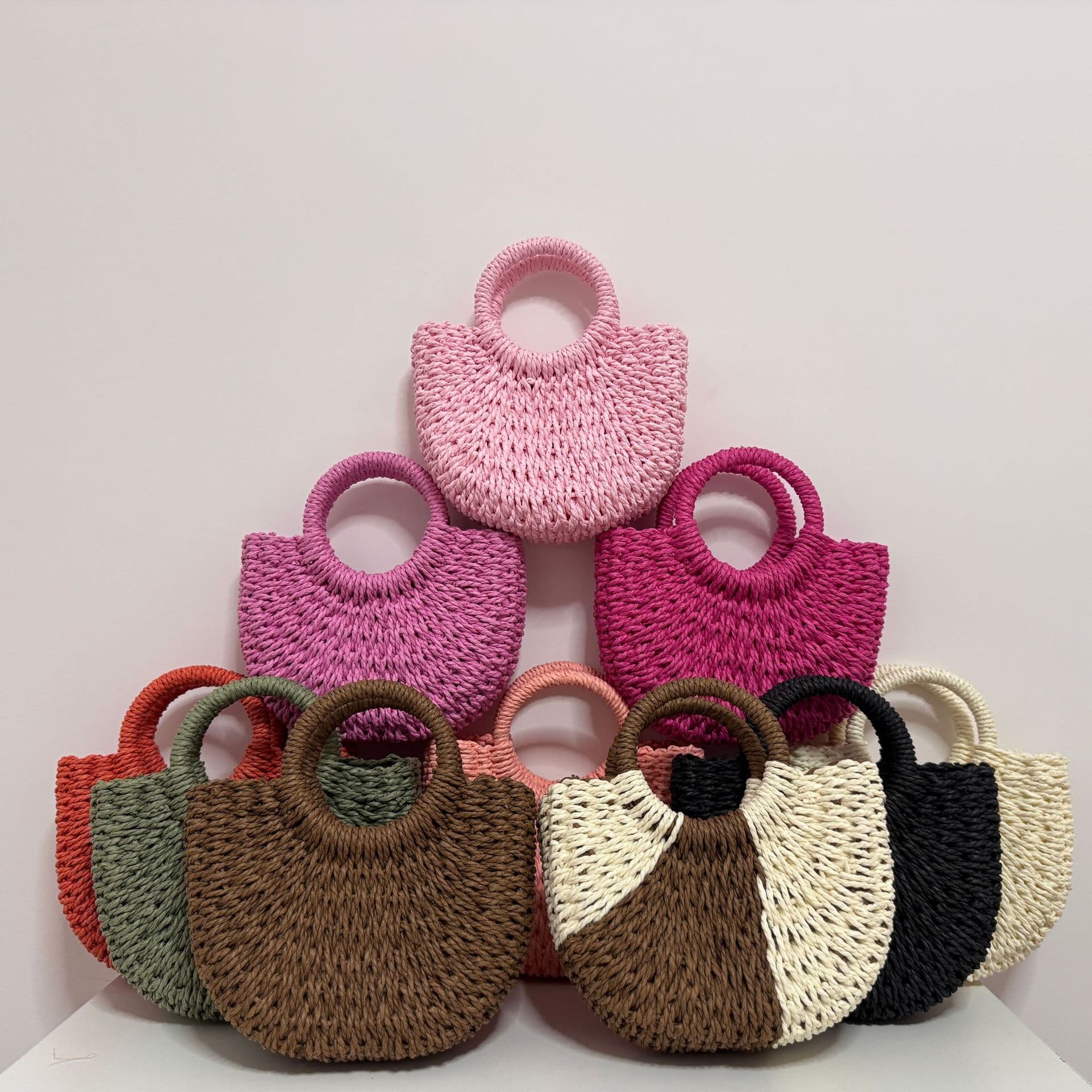 Colorful Round Hat Bag Woven Handbag Semi-Circular Moon Shape Straw Bag Soft Fabric Mobile Phone Pocket Large Capacity Tote Bag