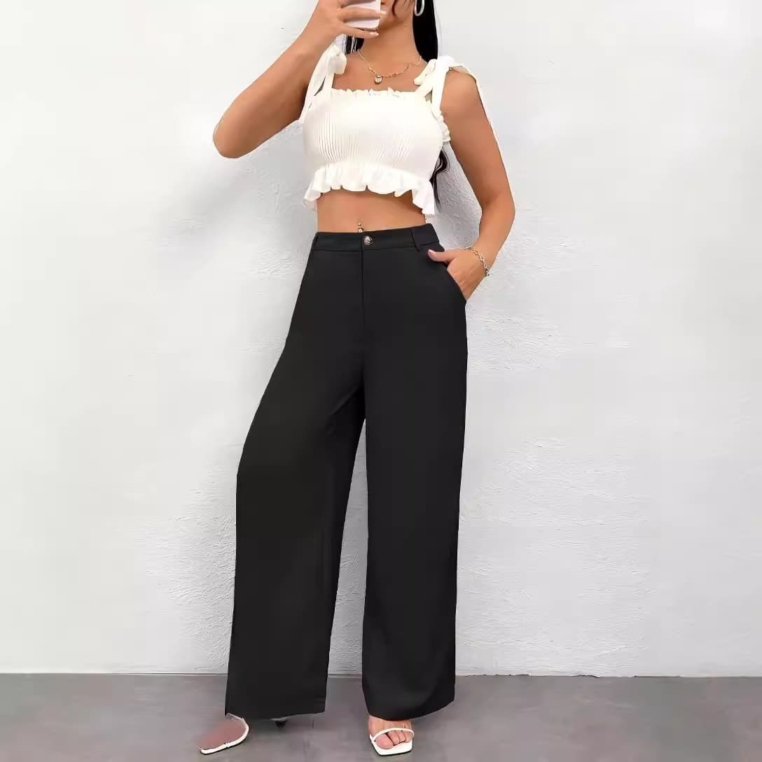 Cross-border European and American New Fashion Women's High-waist Suit Pants Button Flap Pocket Pants Zipper Drapedy Straight Wide-leg Pants in Stock