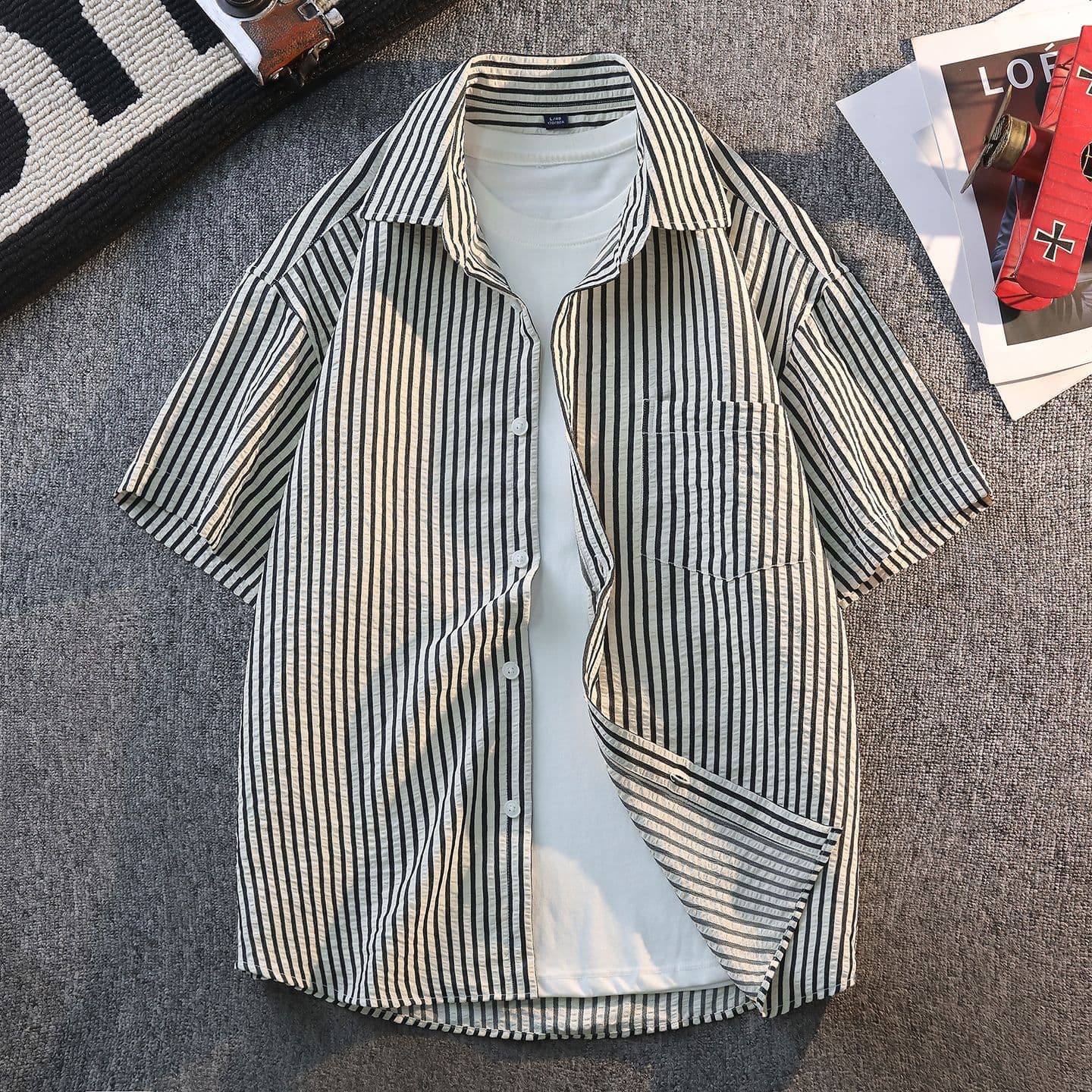 Striped shirt spring and autumn men's retro stacked shirt loose and versatile lapel bubble cloth trendy shirt men's summer thin