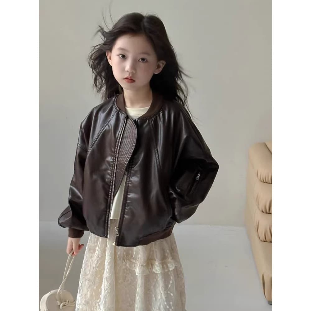 Girls' Jacket Spring/Fall 2025 New Trendy Short Leather Jacket Autumn Kids Top
