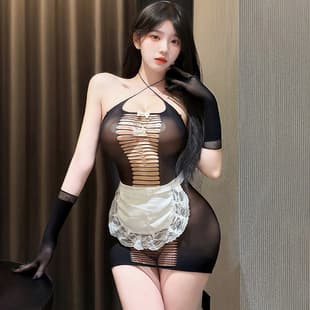 Plus Size Sexy Lingerie See-Through Chest-Revealing Hanging Neck Maid Mesh Set No-Removal Passion Uniform Female 9108