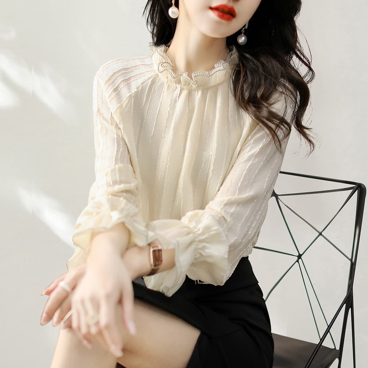 Korean Chic Spring New Hot Item Autumn Style Casual Simple Korean Fashion Lace Loose Slimming Shirt