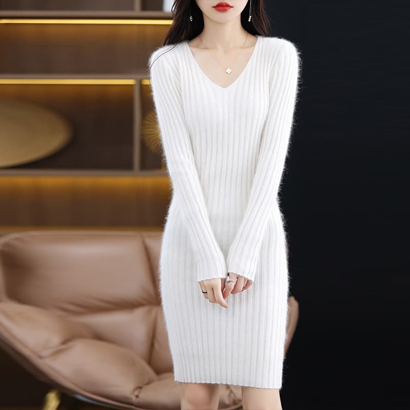 Mink Cashmere Women's V-Neck Mid-Length Slim Fit Pullover Sweater, Cashmere Knit Top for Cross-Border Fashion