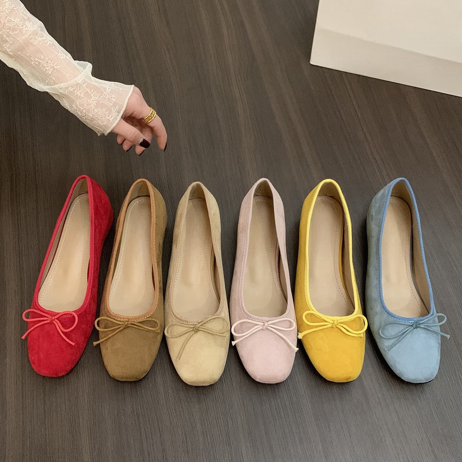 French Suede Ballet Flats with Hidden Wedge Heel for Women, 2025 New Spring and Autumn Butterfly Knot Red Evening Shoes