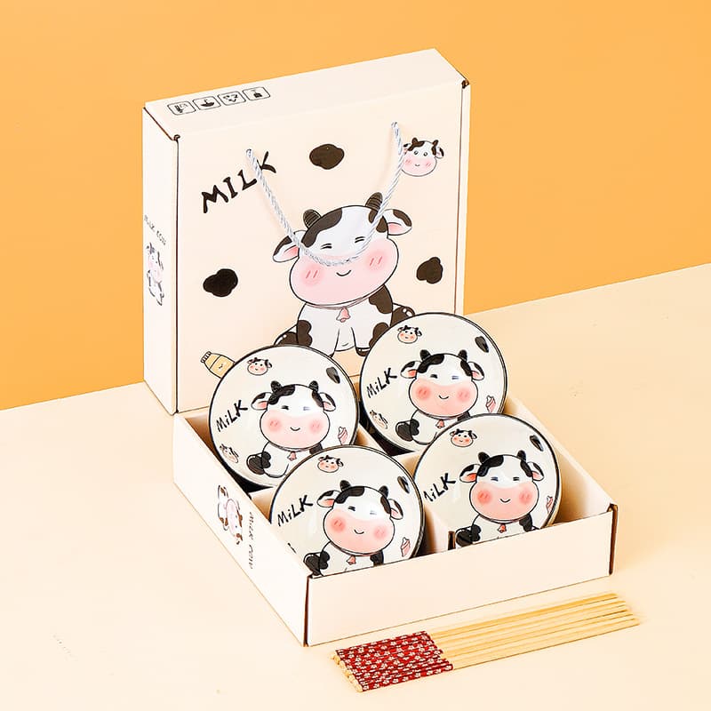 Household ceramic bowl set, cow bowl and plate gift box, cross-border bowl and chopstick set, underglaze color bowl set, opening store celebration small gift