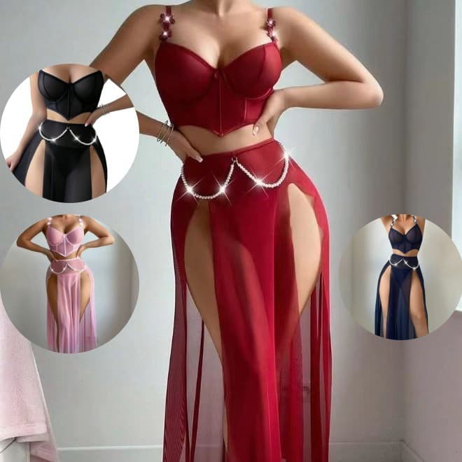Luxury Multi-Color Mesh Long Dress Lingerie Party Hot Girl Style Pearl Chain Waist Sexy Long Dress Lingerie Set