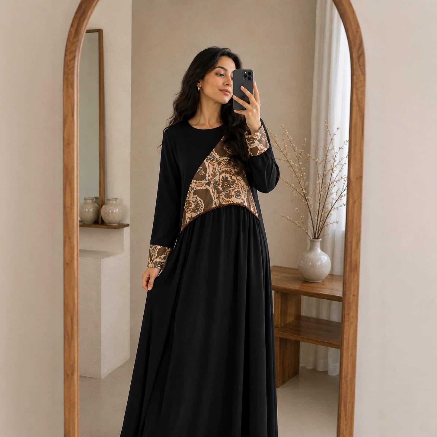 UNI047 2026 New Ethnic Fashion Women's Dress Black Patchwork Stretch Satin Long Dress