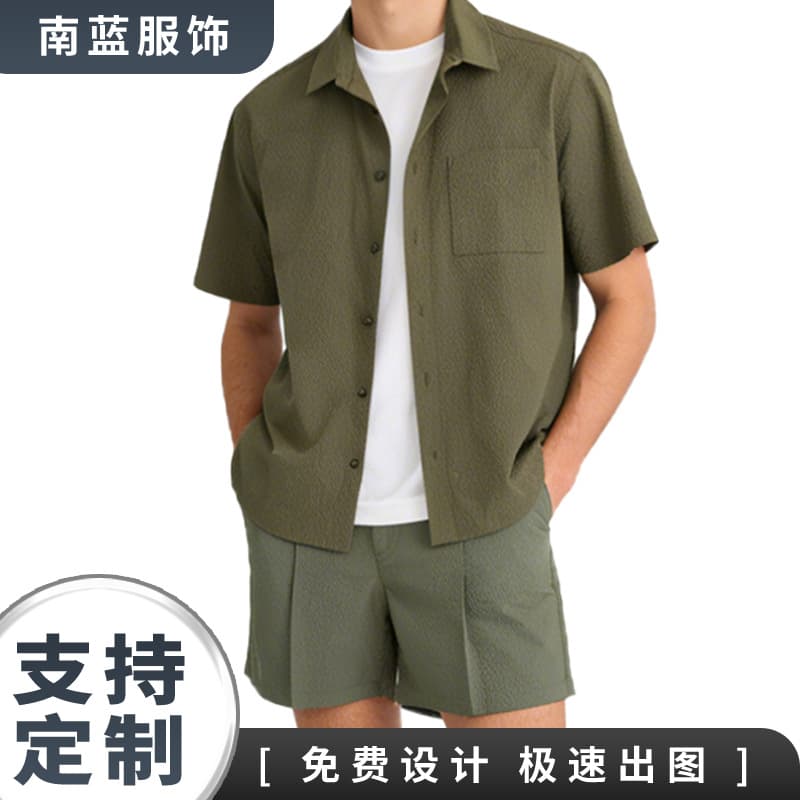 Green Casual Shirt Short Sleeve Three-Piece Set Men 2026 Summer Seersucker Shirt Shorts Outfit Stylish Matching