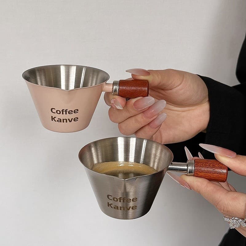 Espresso Coffee Cup with Walnut Wood Handle, Stainless Steel Small Extraction Cup with Scale, Coffee Liquid Milk Pitcher