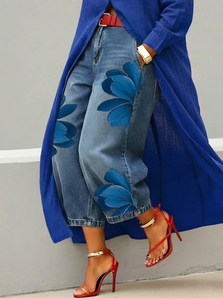 Cross-border European and American Style Women's Floral Print Straight Leg Jeans, Faux Denim Mid-Waist Wide Leg Cropped Jeans with Belt