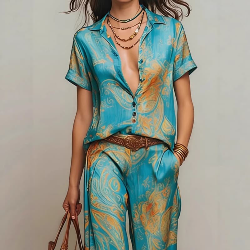 Cross-border Amazon Fashion Casual Vacation Style Print Shirt Women Summer New Slimming Pants Two-Piece Set