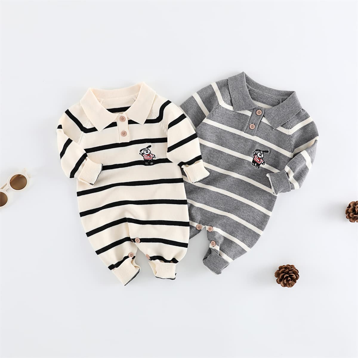 Nebeans Autumn New Baby Jumpsuit Long-Sleeved Woolen Robe Striped Polo Gentleman Baby Clothes