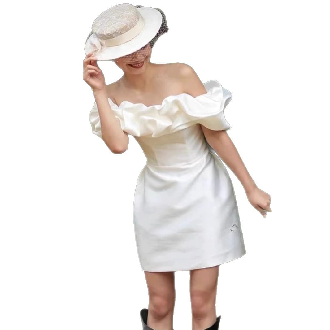 Off-Shoulder White Mini Dress Elegant Petite Short Formal Dress for Registry Office Light Wedding Dress Daily Wear