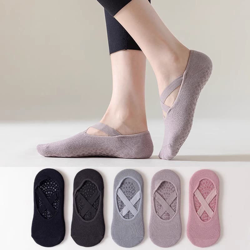 Cross-border Hot Selling Yoga Socks for Women Indoor Pilates Exercise Floor Socks Solid Color Barefoot Wrap Strap Fitness Sports Socks