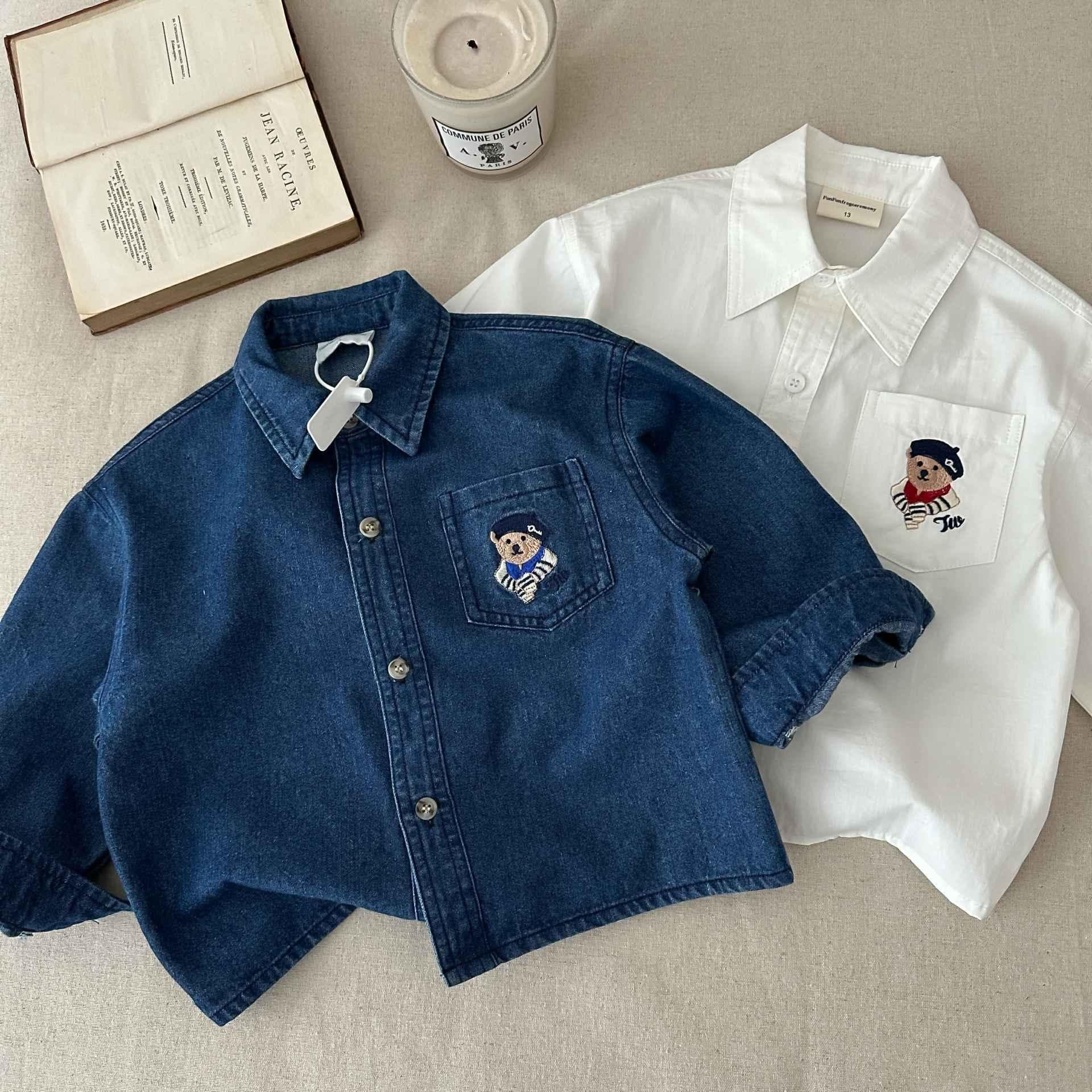 Boys' Shirt 2025 Spring/Autumn New Style Toddler Denim Top Solid Color Trendy Baby Bear Shirt Stylish
