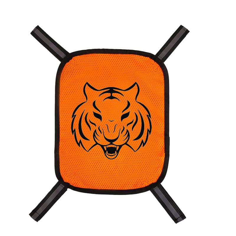 High-visibility lightweight orange mesh safety warning panel with reflective strips, attaches to backpacks, tents, and outdoor hunting gear