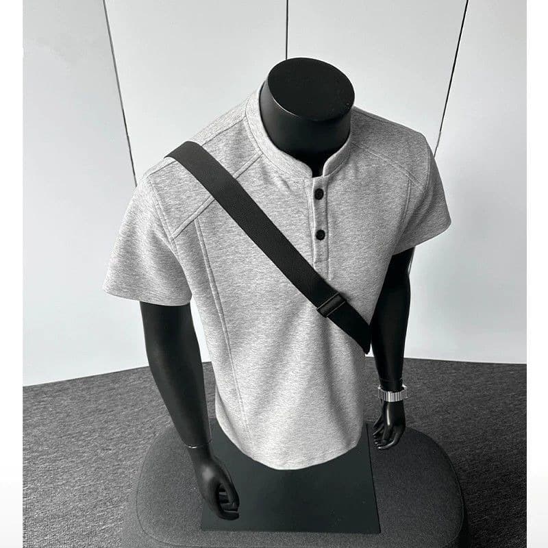 American Style Regular Shoulder Short Sleeve Summer Premium Henley Neck Plus Size T-Shirt Spliced Cleanfit Heavyweight Deconstructed Half Sleeve Shirt