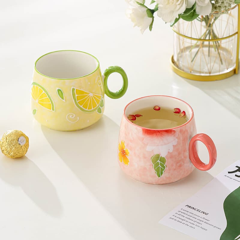 Japanese Creative Mug Hand-painted Embossed Ceramic Cup Home Breakfast Cup Couple's Big Belly Cup High-value Coffee Cup