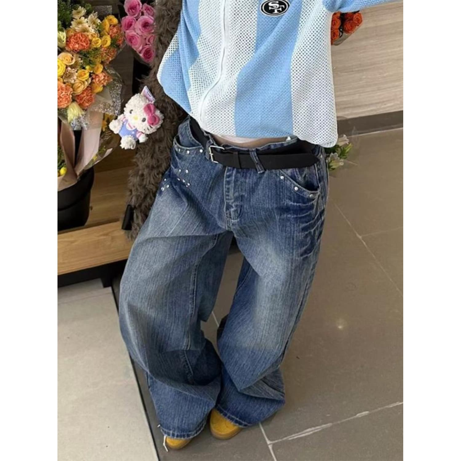 American retro rivet design cleanfit washed jeans lightning pattern high street vibe loose wide leg pants
