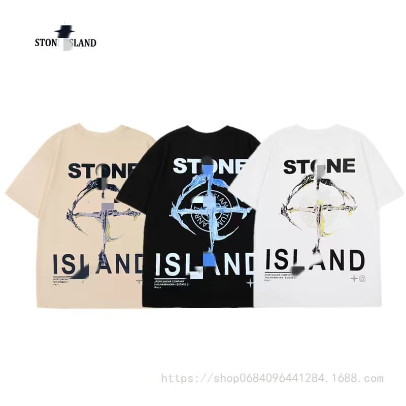 Cross-border Ston stone embroidered badge ruins compass pure cotton short-sleeved T-shirt loose couple wear island
