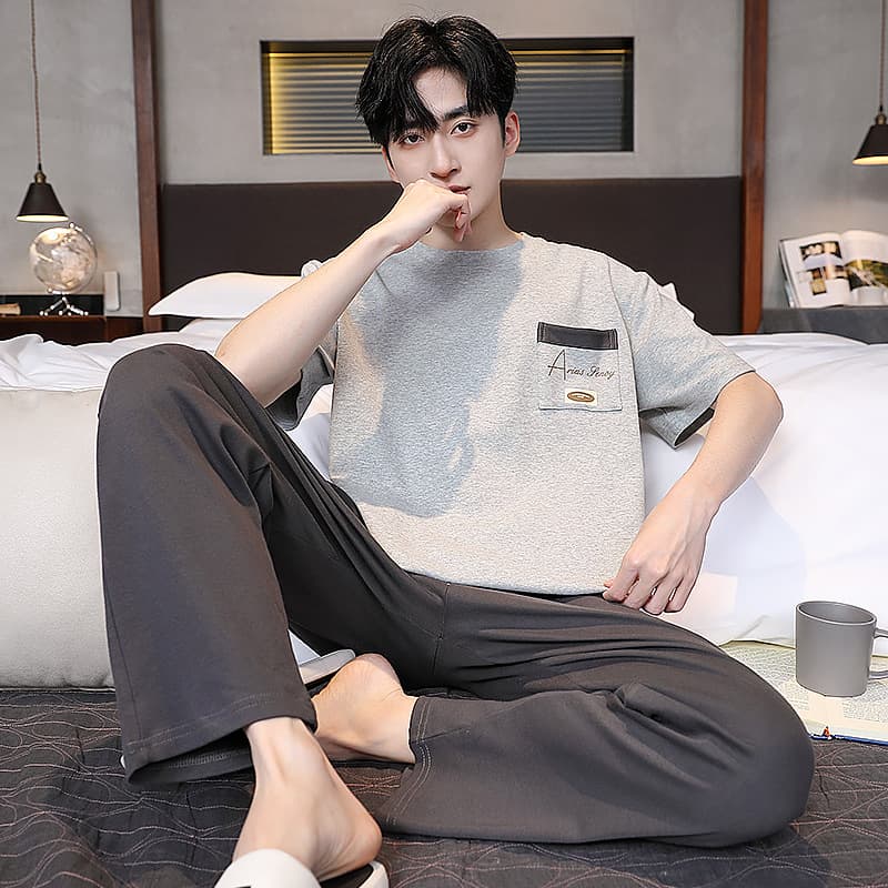 100% cotton men's summer pajamas, short-sleeved trousers, teenagers' large size 220 catties home clothes set that can be worn outside