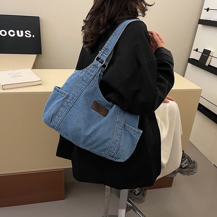 Large Capacity Tote Bag Fashion Short Trip Shoulder Bag New Style Washed Denim Handbag Women's Cloth Bag