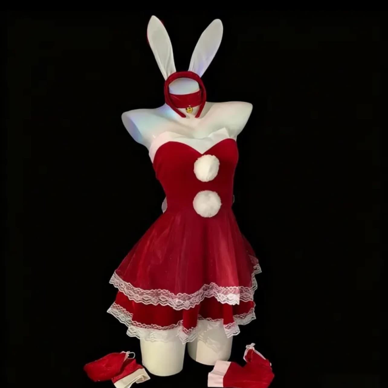 Shuoyao Mood Lingerie Women's Strapless Velvet Dress Bunny Girl Cosplay Costume Sexy Spaghetti Strap Nightgown 001