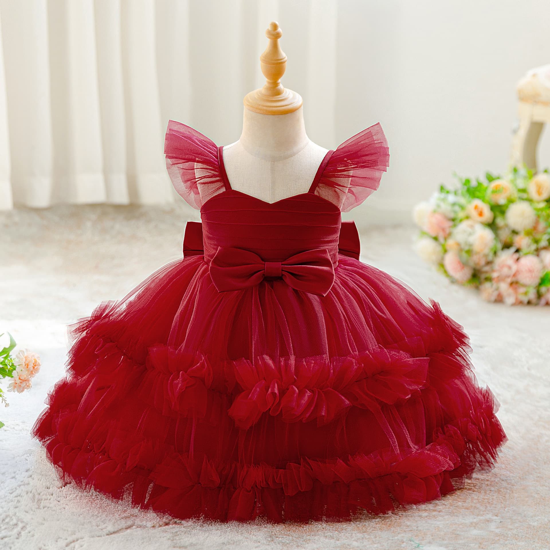 Baby Dress Kidsren's Dress Skirt Small Flying Sleeves Bow Mesh Skirt Fluffy Cake Skirt Festival Performance Clothing