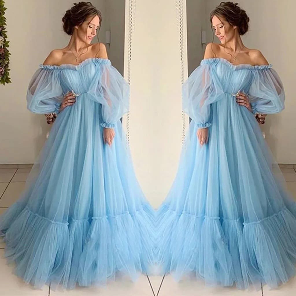 Cross-border evening dress European and American foreign trade wish one-shoulder mesh long-sleeved wedding dress full swing dress 2026
