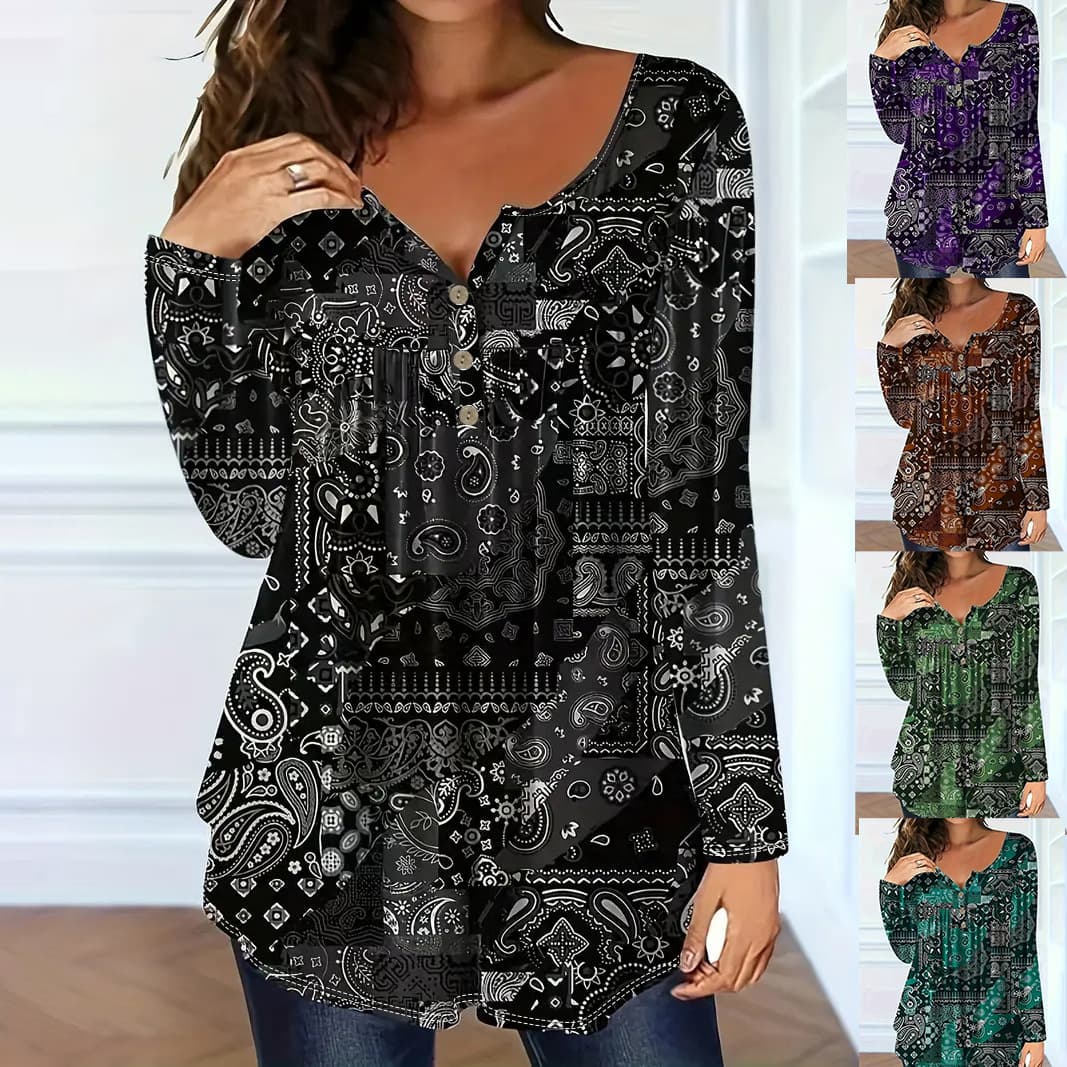 Plus-Size Amazon Cross-Border Paisley Pattern Elegant Loose V-Neck Long Sleeve Shirt Top T-Shirt