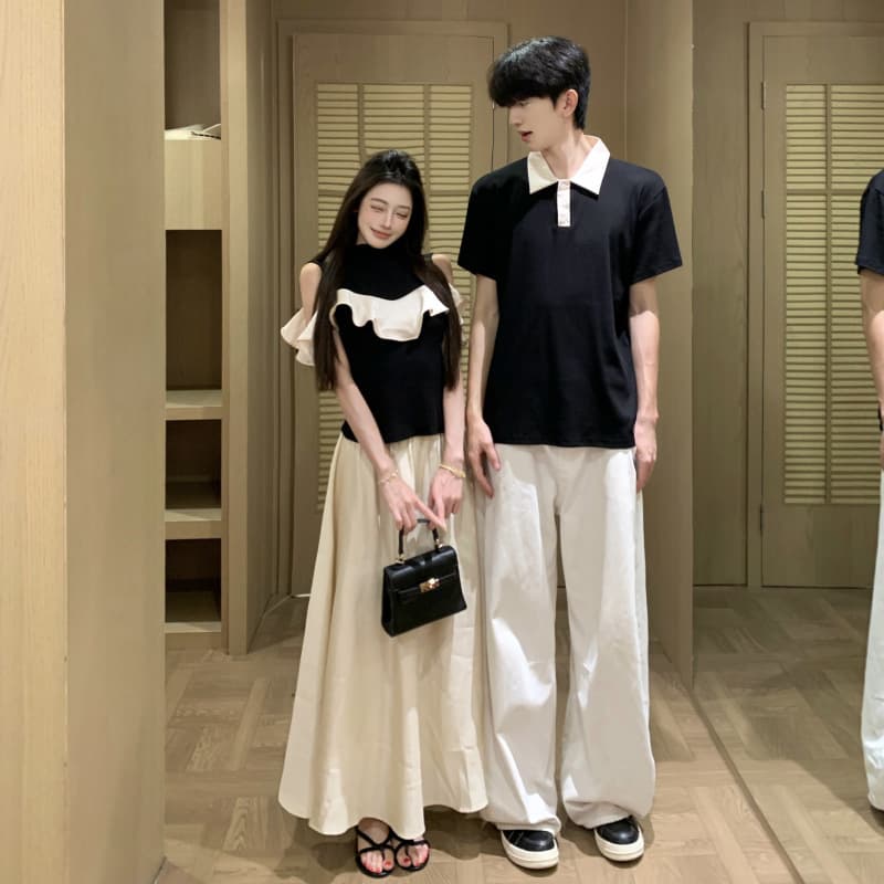 2026 Summer New Couples Outfit Shoulder Short Sleeve T-shirt Skirt Suit Men's POLO Shirt