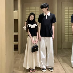 2026 Summer New Couple Outfit Off-Shoulder Short Sleeve T-Shirt Skirt Set Men's Polo Shirt