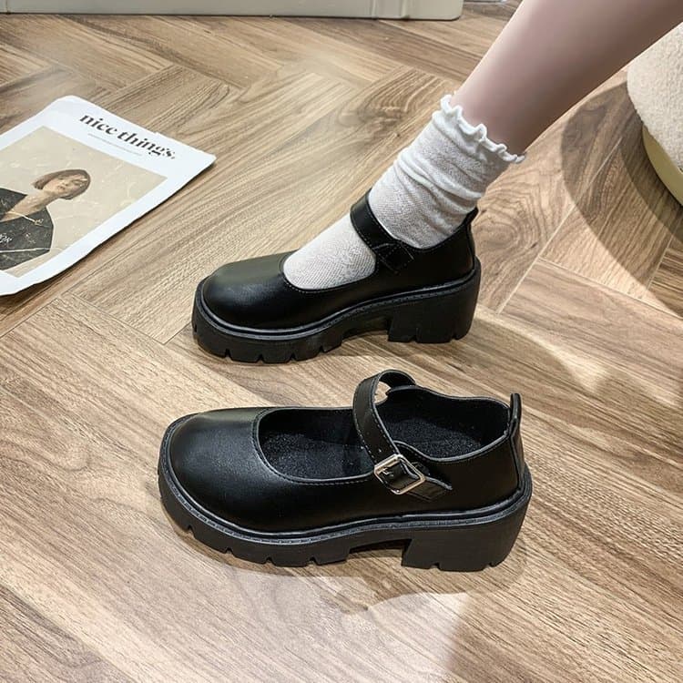 Women's Leather Shoes Spring New Arrival British College Style Patent Leather High Heel Loafers Round Toe Chunky Mary Jane Shoes