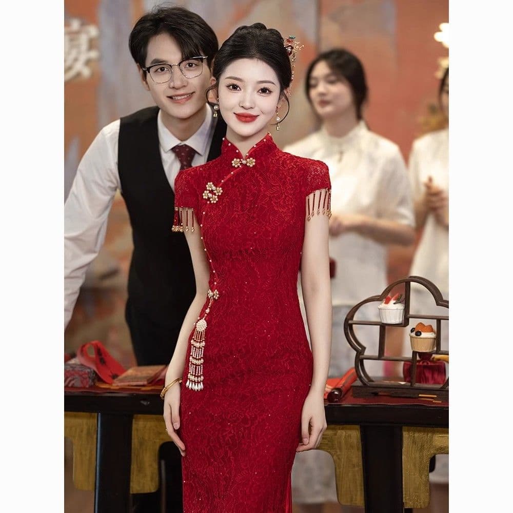 Wine Red Wedding Toast Dress Bride Cheongsam Petite Engagement Dress New Chinese Style Women's Stunning Wedding Attire