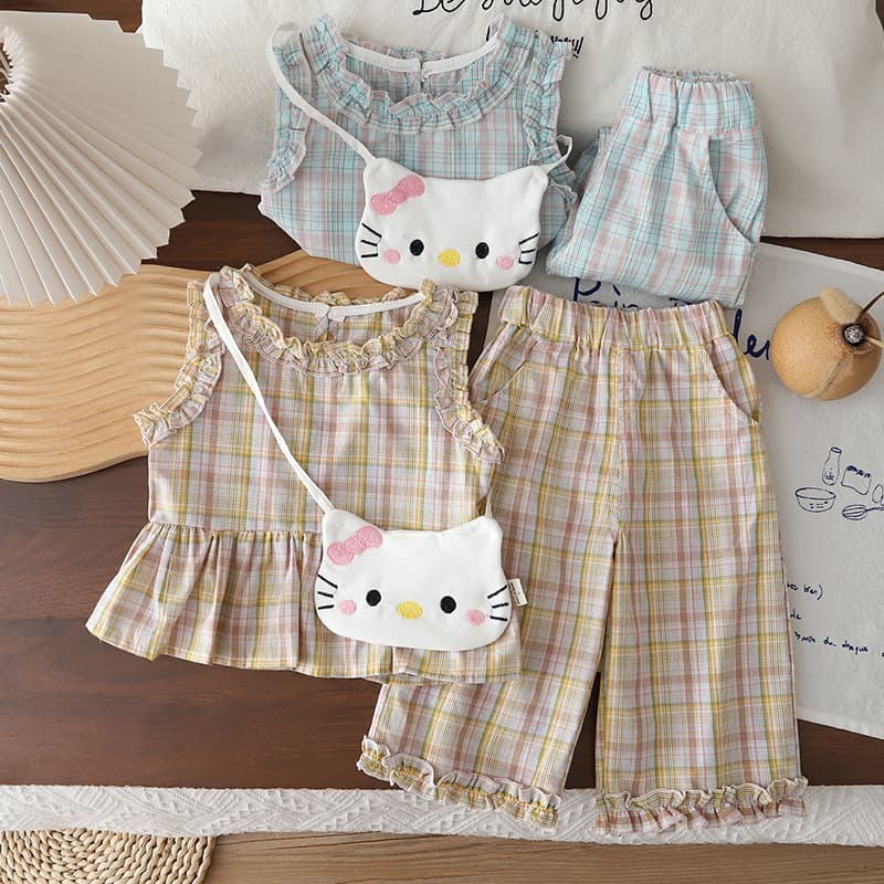 Xiaoxiangfeng 2026 New Girls Summer Vest Wide Leg Pants Bag Sweet Plaid Trendy Two-piece Set Foreign Trade Wholesale