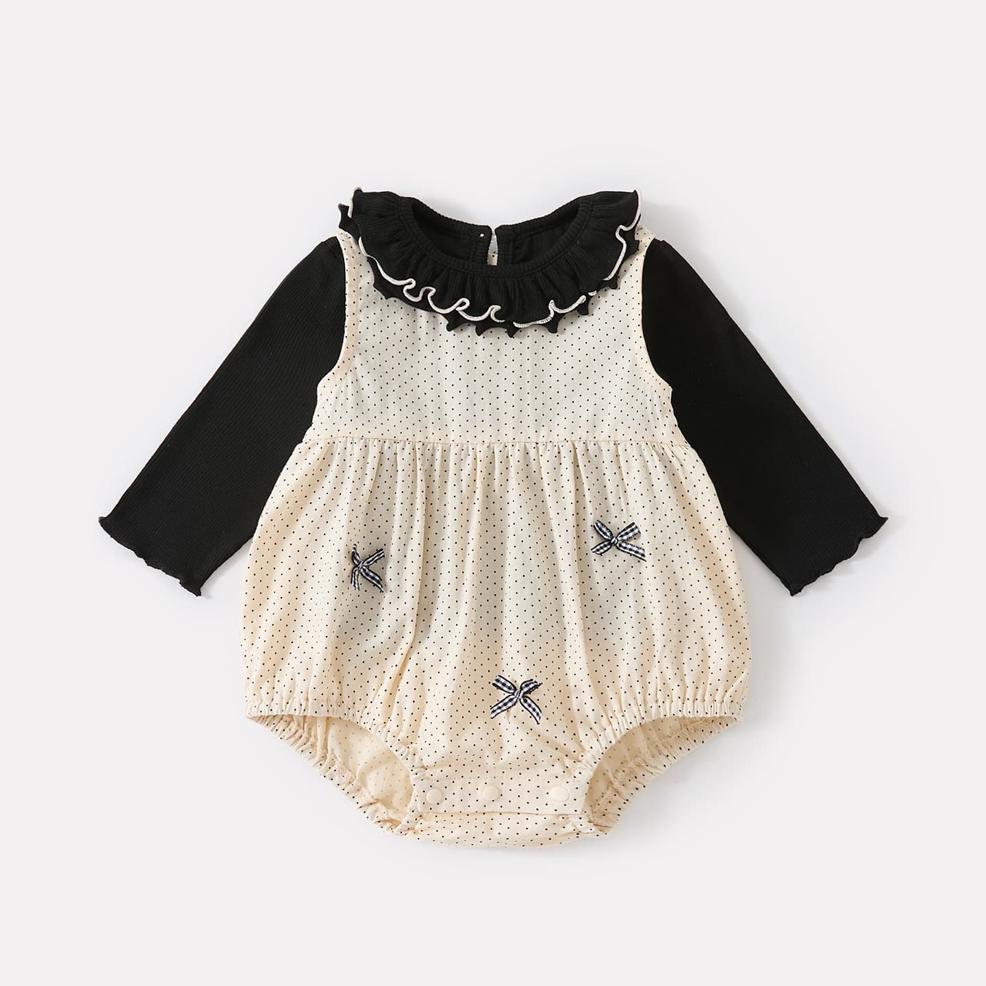 Baby girl's new autumn style simple fungus-edged long-sleeved bottoming shirt infant and toddler polka-dot bow harem two-piece set