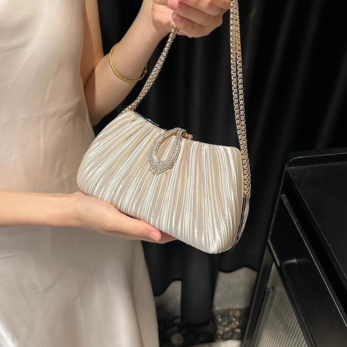New Satin Pleated Evening Bag Women's Purse with Bracelet, Elegant Dress Banquet Handbag for Mother, Shoulder Crossbody Bag