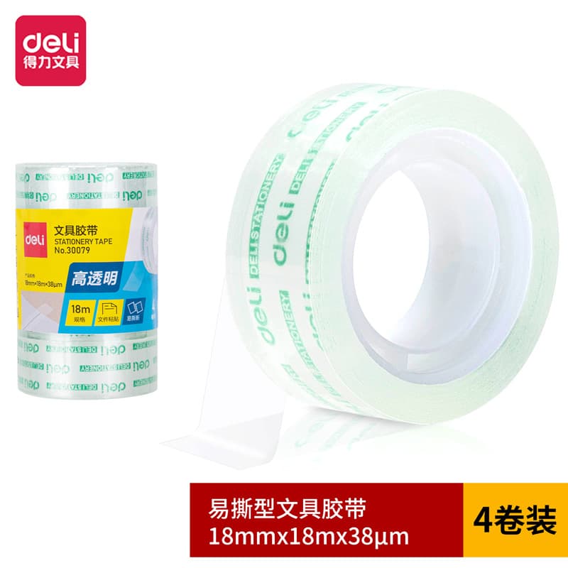 Deli 30079 Easy-Tear Stationery Tape 18mm*18m*38um (High Transparency) (4 Rolls/Tube)