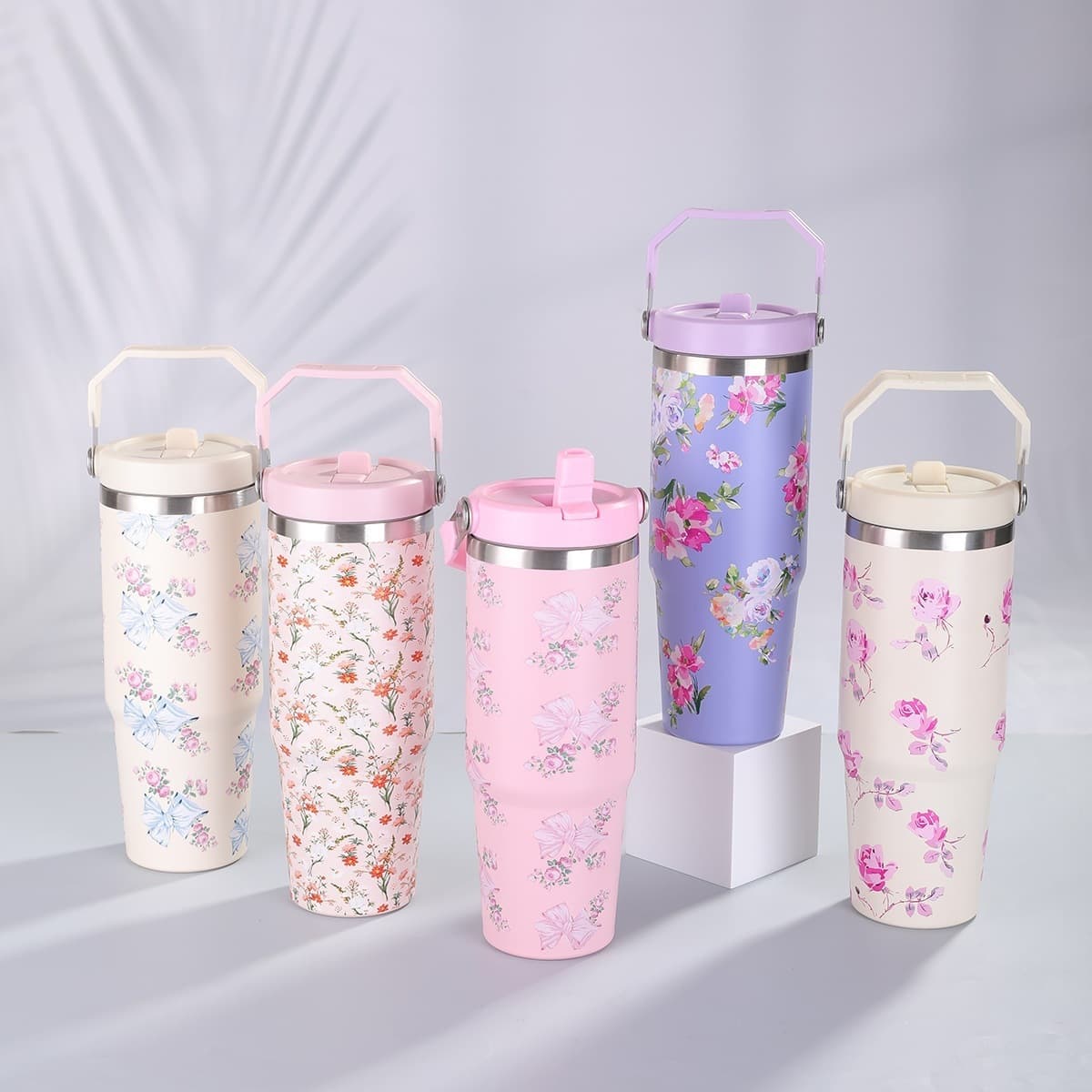 30oz Stainless Steel Car Mug with Handle UV Creative Floral Design Single-Drink Straw Insulated Cup Large Capacity Outdoor Travel Cup