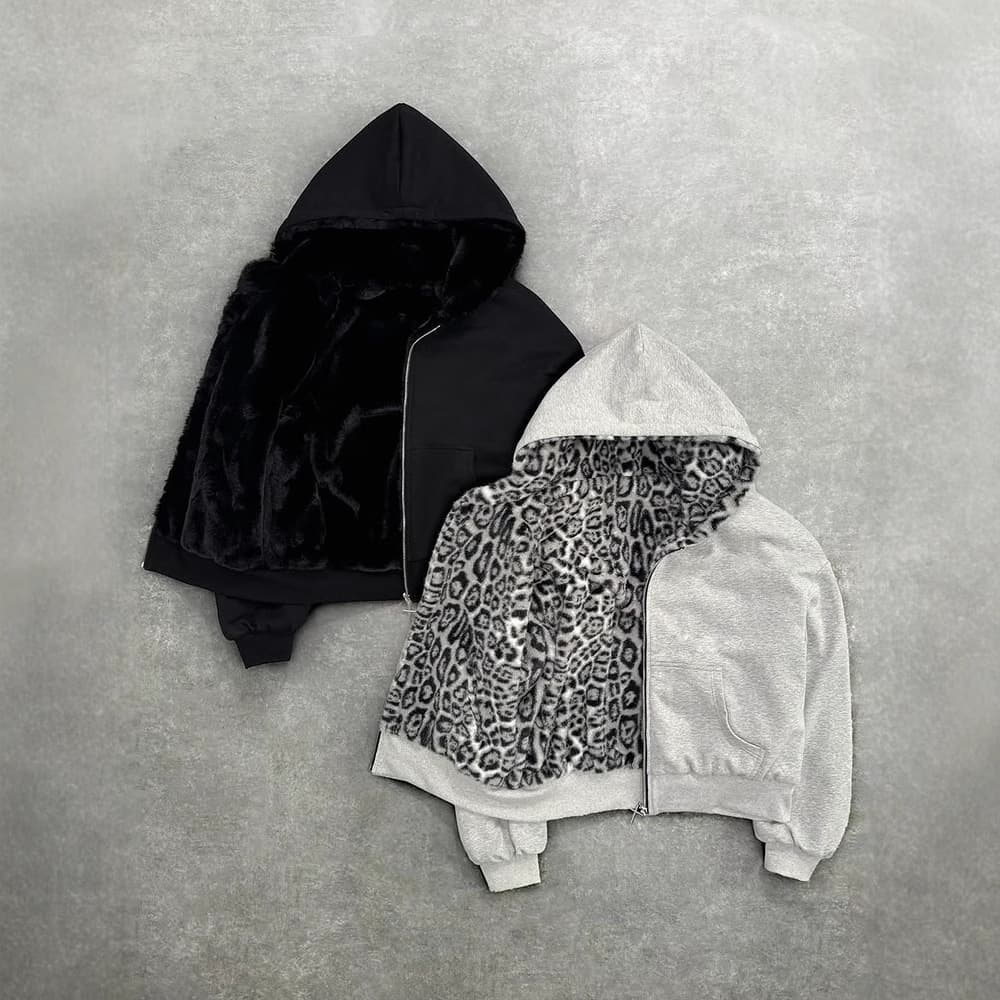 European and American new autumn and winter new hooded sweatshirt retro leopard print zipper hoodie loose personalized top ins