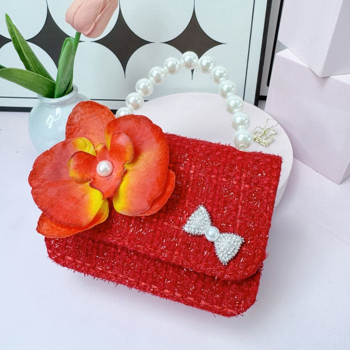 Cross-border children's bag mesh solid color cute girls crossbody bag pearl handbag factory direct sale
