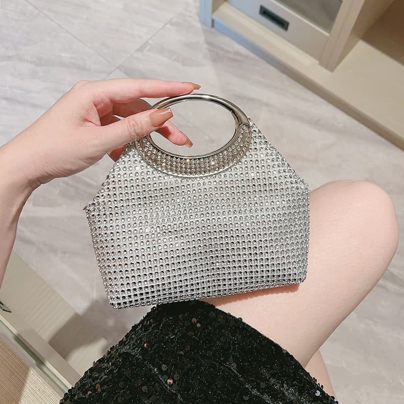Factory Direct Women's Silver Full Rhinestone Round Hoop Handbag for Wedding Banquet Evening Gown Clutch