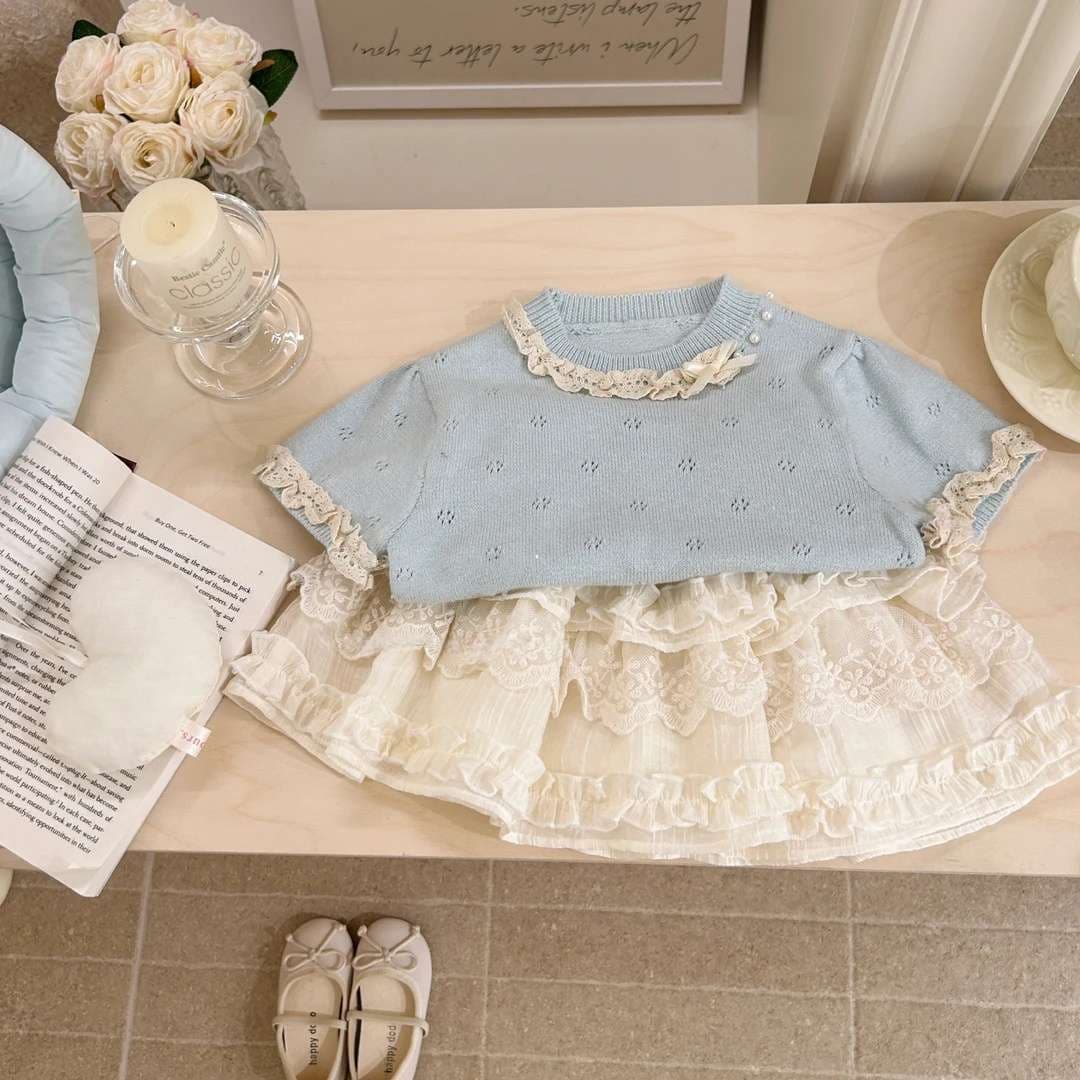 Sweet Little Si Girls Suit 2026 Summer Knitted Short Sleeve T-Shirt Lace Baby Girl Cake Skirt Two-piece Trendy Set