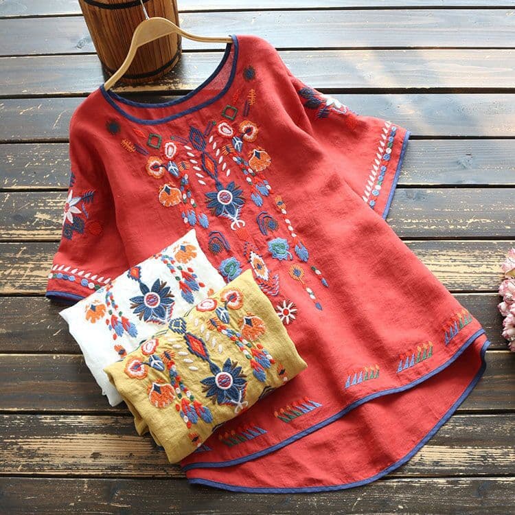 Ethnic Style Cotton and Linen Embroidered T-Shirt for Women in Summer Retro Literary Loose Large Size Slim Versatile Short-Sleeved Women's Top
