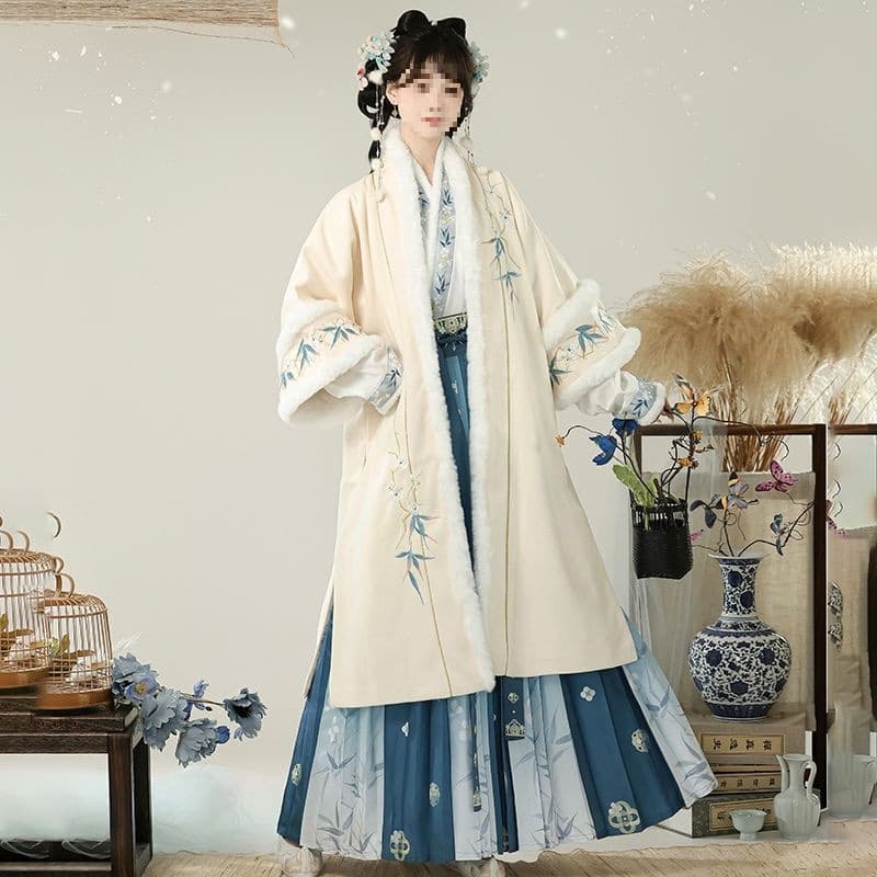 Mulanxiang Original Hanfu Women Song Style Symmetrical Collar Fleece-Lined Thick Long Beizi Pleated Skirt Winter Set