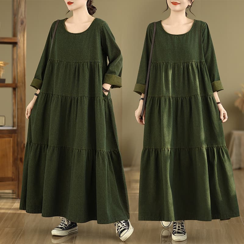 Tall Women's Denim Dress Spring Autumn Vintage French Style Long Skirt Loose Long Sleeve A-Line Tiered Dress