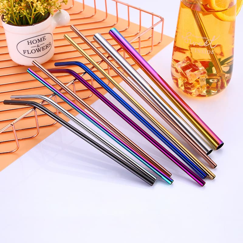 Cross-border Amazon 304 Stainless Steel Straw Car Cup Beverage Milk Tea Colored Metal Straw Set with Logo