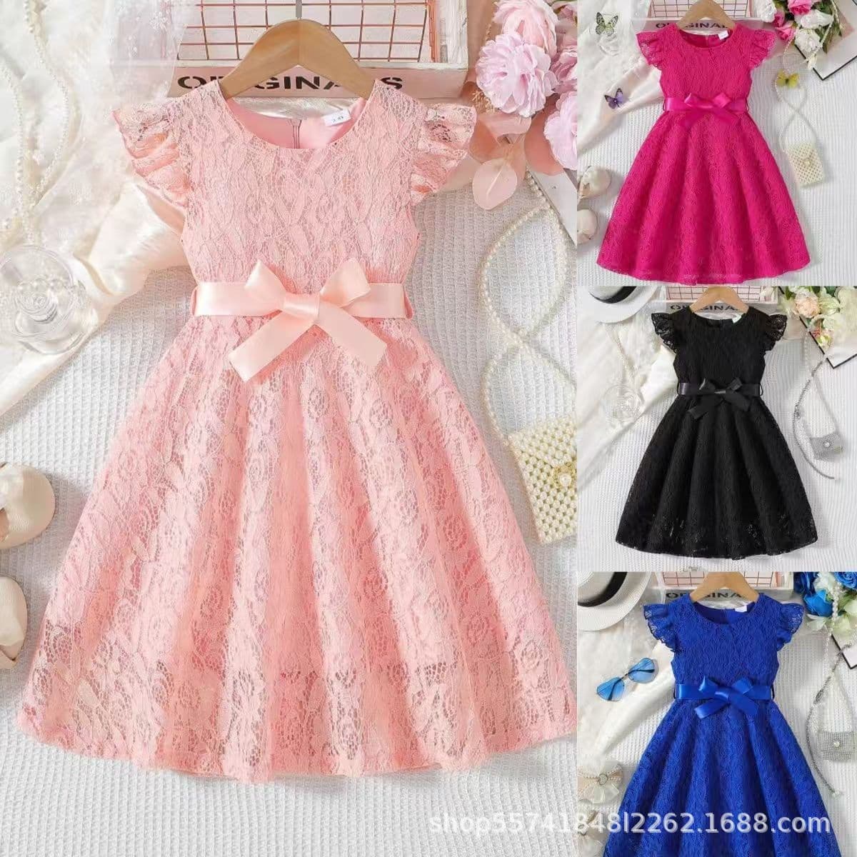 Summer New Dress for Girls, Fashionable Bowknot Lace Baby Tie Dress, Children's Vest Princess Dress Summer