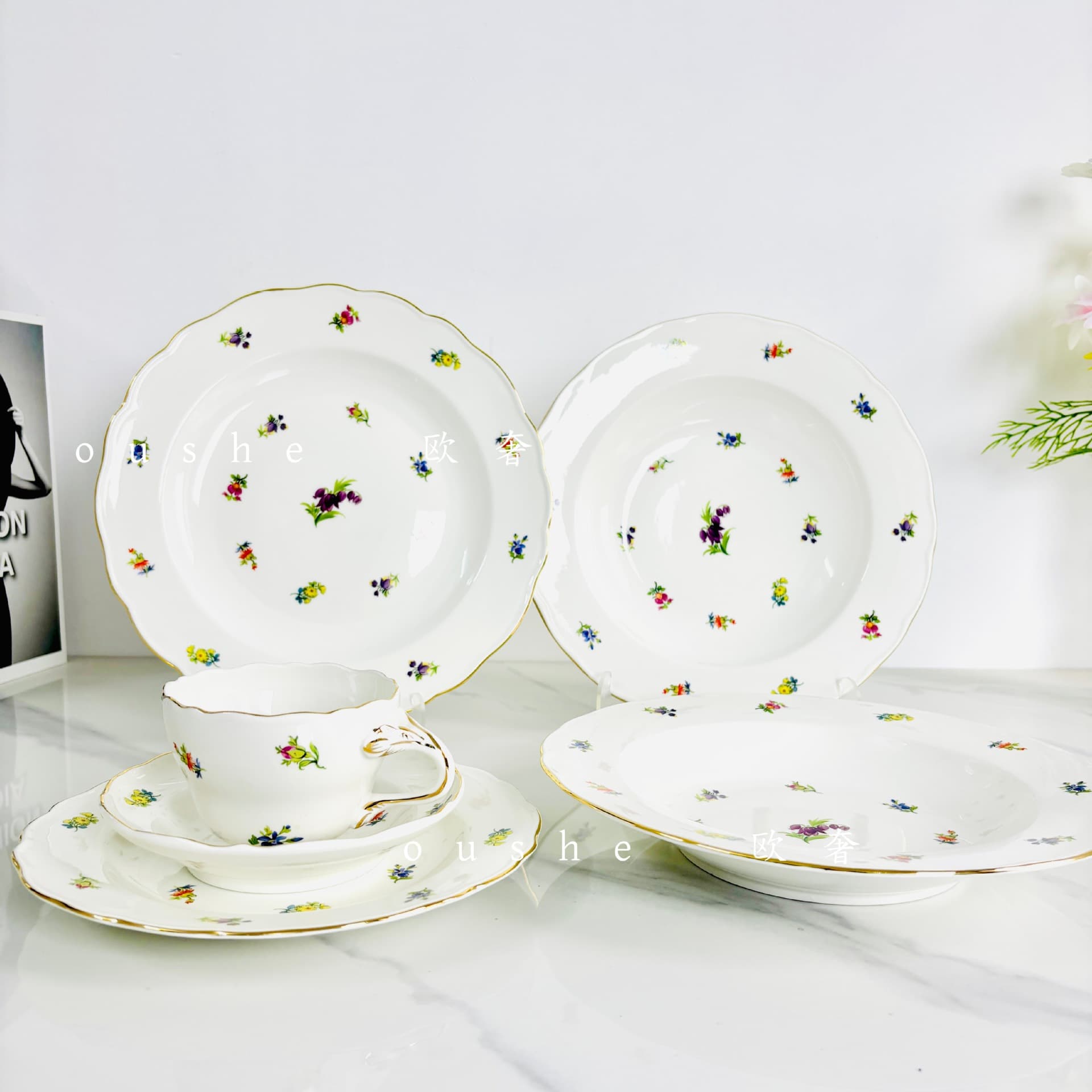 European Style Natural Floral Rose Series Dinner Plate Coffee Cup Saucer Flat Plate Deep Plate Afternoon Tea Teacup Floral Tea Cup